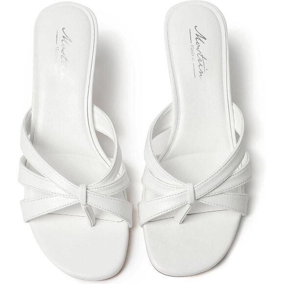 Women Strappy Kitten White Heels Open Toe Mules Thong Sandal for Party Wedding - Picture 9 of 9